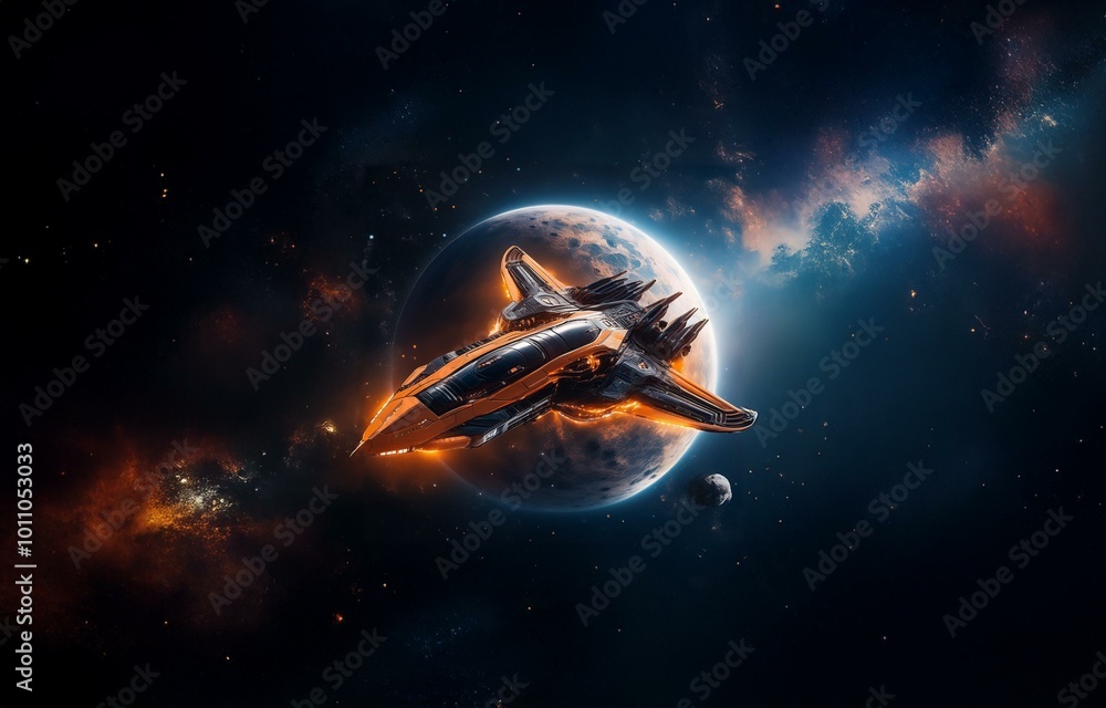 Poster a futuristic spaceship flies past a large planet in space.