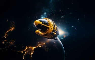 A yellow spaceship with a large window, flies past a planet with glowing city lights, against a dark starry sky with faint blue nebulae.