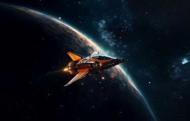 Obraz premium A spaceship with glowing orange engines flies past a planet in outer space.