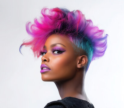 recommend clip art: A stunning profile portrait of a woman with bold pink and purple curly hair and flawless makeup, showcasing confidence and modern fashion with an edgy and artistic hairstyle.