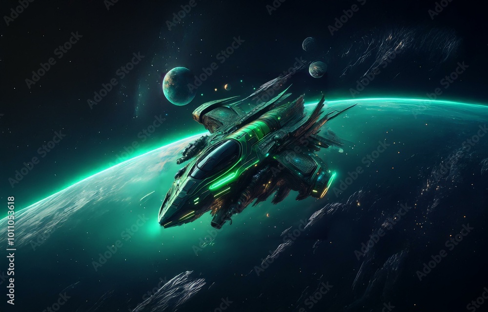 Poster a green spaceship soars through space near a planet.