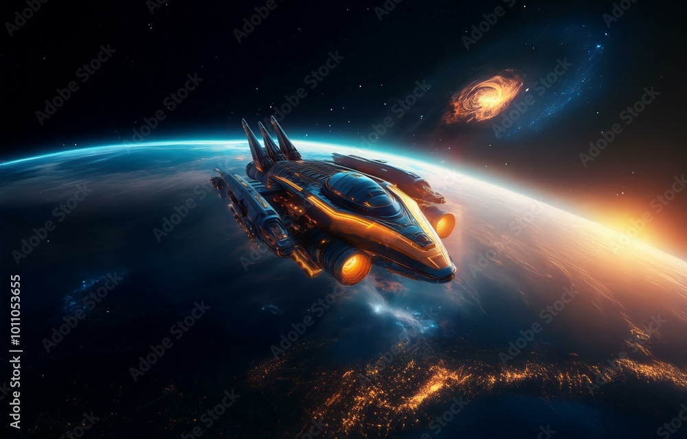 Poster a golden spaceship flies past a planet with a luminous atmosphere and a swirling galaxy in the dista