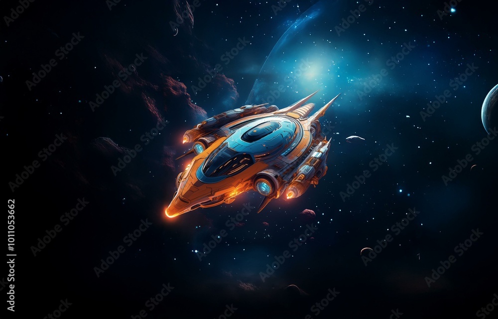 Poster a futuristic spaceship with a yellow and blue hull soars through the vast expanse of space, illumina