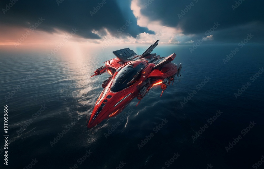 Poster a futuristic red spaceship with glowing lights flies over a deep blue ocean.