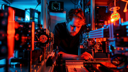researcher is deeply focused on cutting edge lab equipment, exploring complexities of quantum computing in vibrant, high tech environment