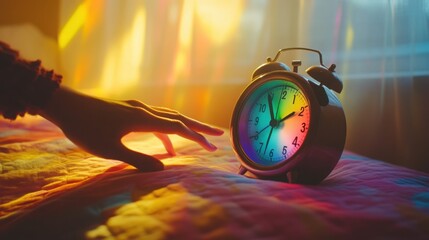  colorful alarm clock on a bedside table, with a hand reaching out to turn it off.