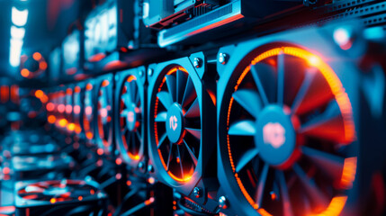 High performance cryptocurrency mining rigs in operation, showcasing powerful cooling fans and vibrant LED lights. intricate setup highlights technology behind digital currency mining