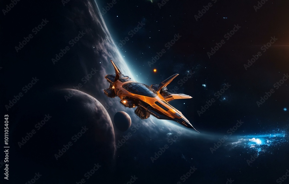 Poster a spaceship flies through space, passing a planet and a bright star.