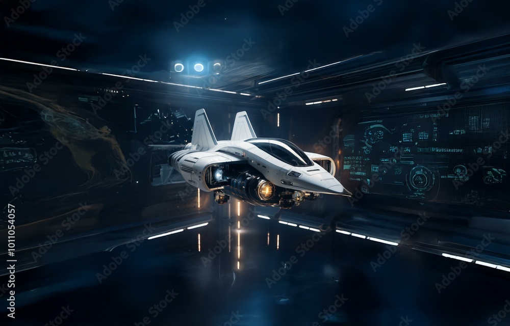 Poster a futuristic spaceship with glowing engines hangs inside a dark hangar, illuminated by a spotlight.