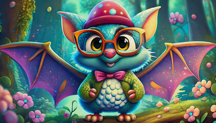 oil painting style cartoon character illustration bat cartoon character wearing red hat and glasses 