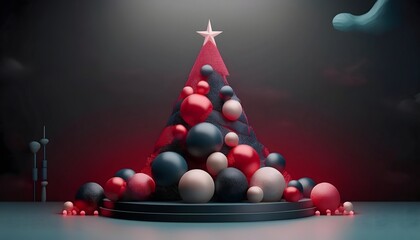 red and black christmas background Red and black Christmas tree with glowing ornaments. 3D rendering.