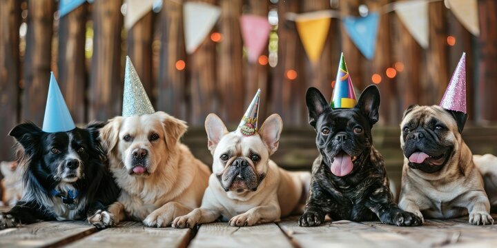 A group of pets posing for a picture, each wearing a small party hat, celebrating a special occasion