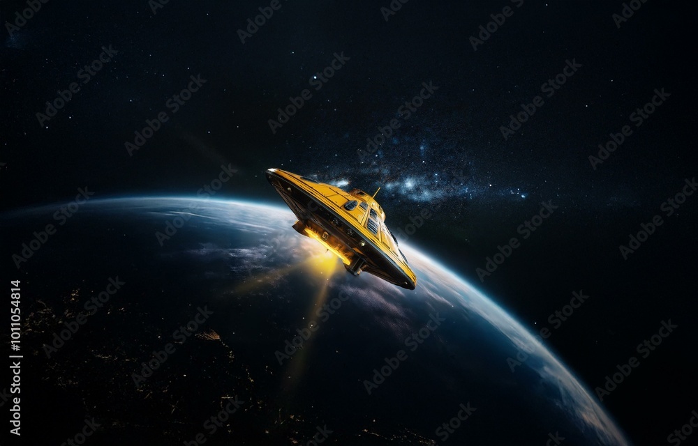 Poster a yellow ufo hovers over a planet with a bright glow emanating from its underside.