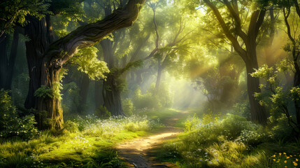 Obraz premium serene forest path illuminated by sunlight filtering through lush green trees creates magical atmosphere. vibrant foliage and soft light evoke sense of tranquility and wonder