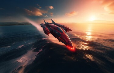 Fototapeta premium A futuristic red spaceship flies over a dark blue ocean at sunset.