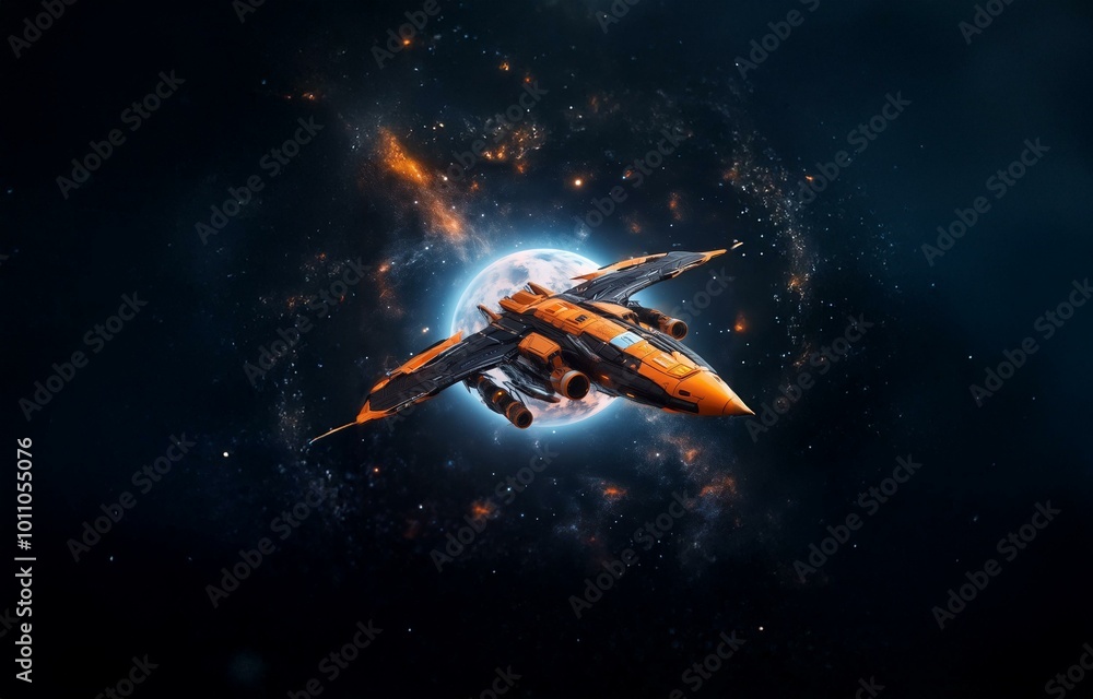 Aufkleber a futuristic spaceship flies past a moon in a starry sky.