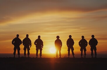 Fototapeta premium In the foreground stands a silhouette of a row of soldiers, with golden lights and a sunset background 