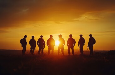 
In the foreground stands a silhouette of a row of soldiers, with golden lights and a sunset background
