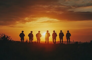 
In the foreground stands a silhouette of a row of soldiers, with golden lights and a sunset background
