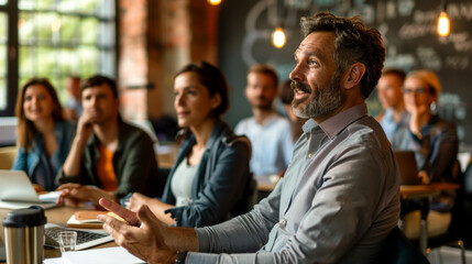 Engaged participants in seminar are learning new strategies for success. atmosphere is collaborative and focused, with attendees actively discussing and sharing ideas