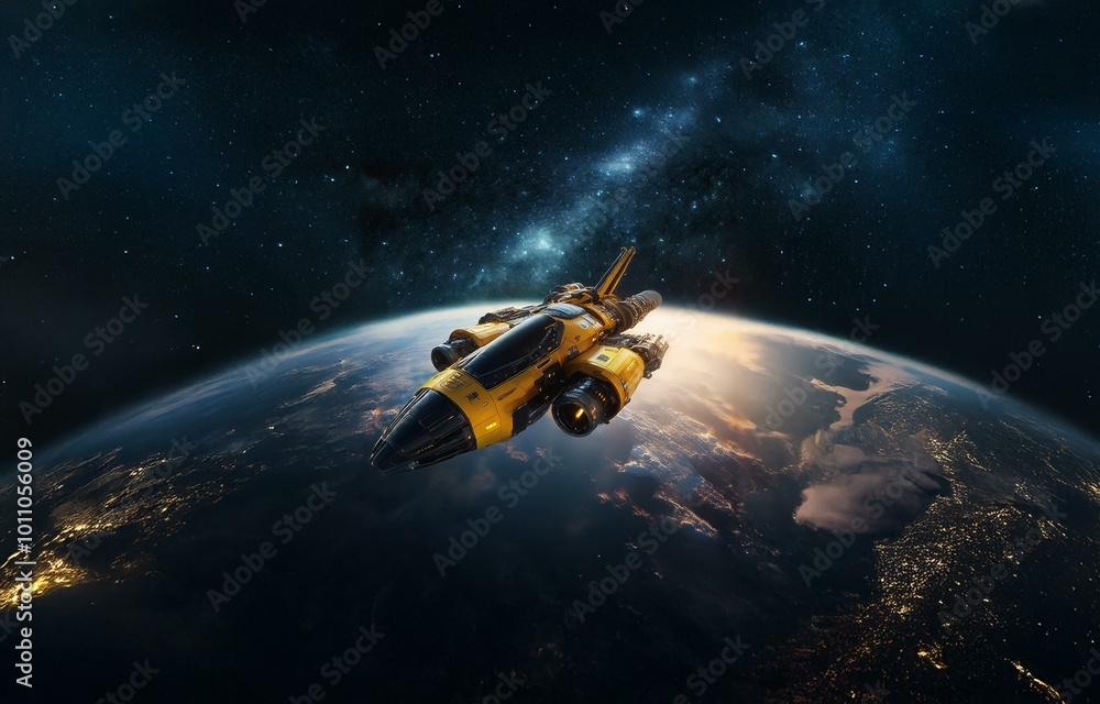 Poster a yellow spaceship soars above a planet with city lights visible at night. the milky way is visible 