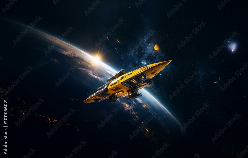 Aufkleber a yellow spaceship flies over a blue planet with a sun rising over the horizon and a constellation o