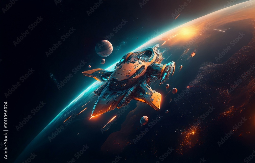 Poster a futuristic spaceship flies over a planet at sunset, with several other planets visible in the back