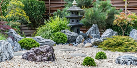 Obraz premium A landscaped outdoor space with carefully arranged plants, stones, and garden decorations