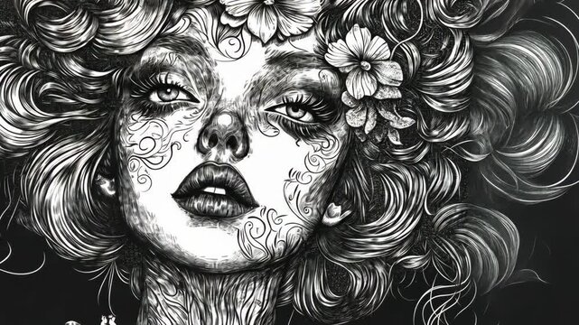 A close-up, black-and-white illustration of a woman with flowers in her hair and intricate detail on her face