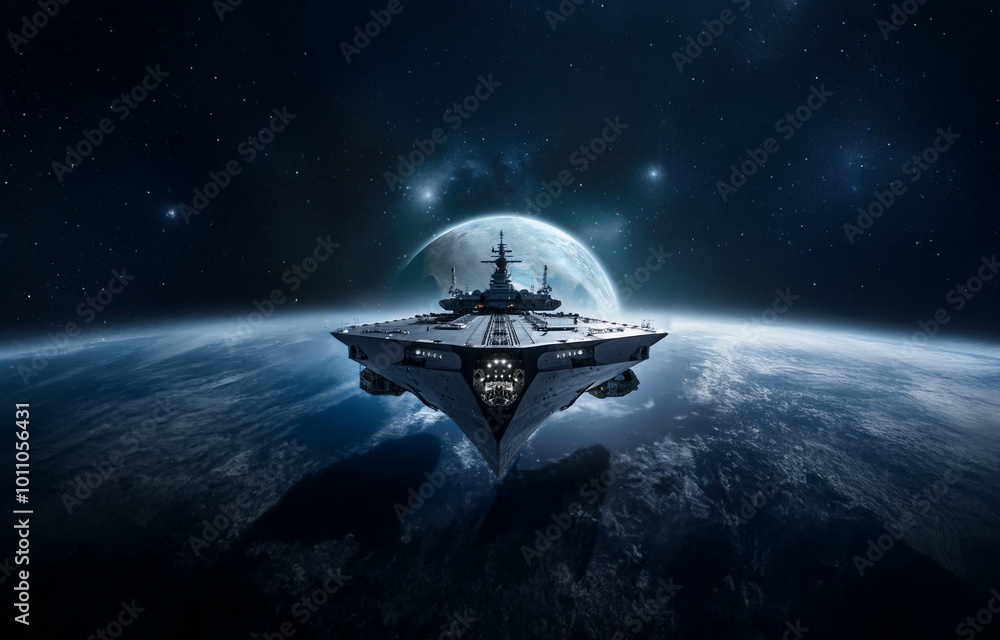 Poster a futuristic spaceship hovers above a blue planet with stars and a large moon in the background.