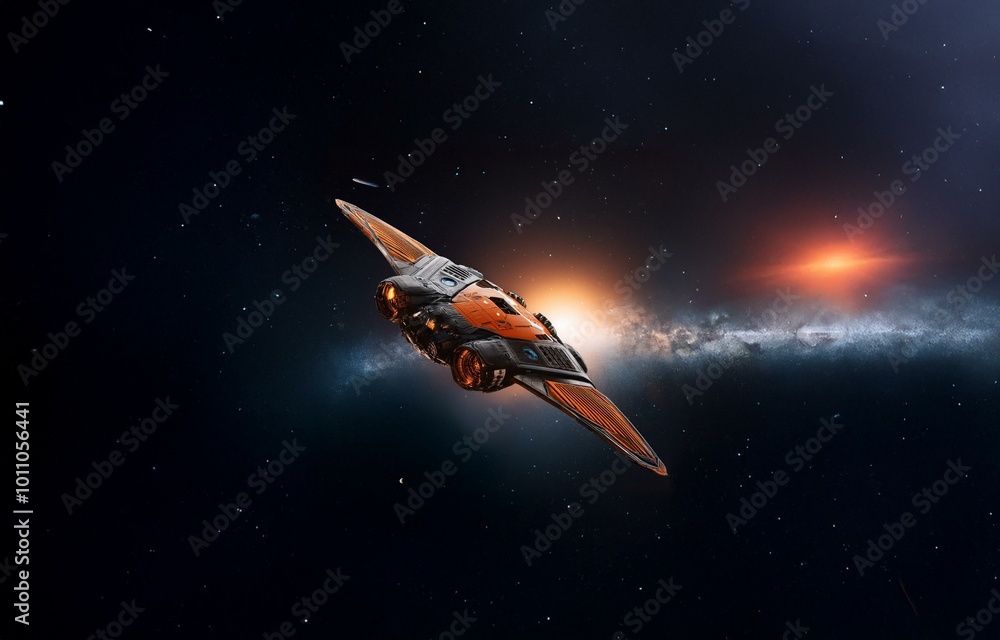 Aufkleber a futuristic spaceship flies through a star-filled galaxy with a bright star in the background.