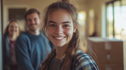 Fototapeta premium college student moving out of her home to start her dorm life with the help of her smiling parents, reflecting the excitement and emotional transition of beginning university life