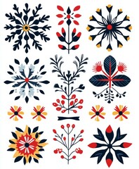 snowflakes and scandinavian folk art designs with christmas elements