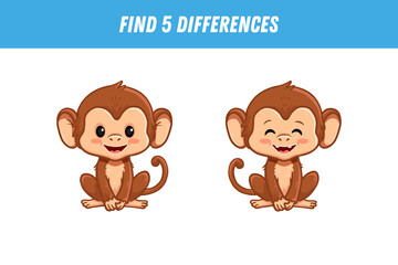 Find five differences between two pictures of a cute monkey. cartoon monkey. Activity page. 