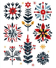 snowflakes and scandinavian folk art designs with christmas elements