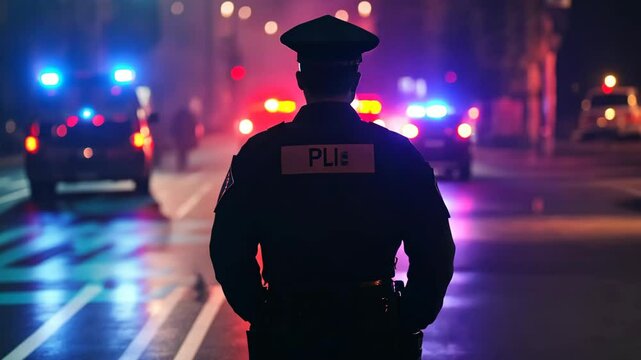 A police officer stands in the middle of a city street at night with flashing lights in the background