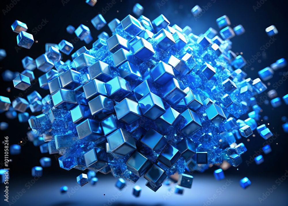 Poster blue cubic particles form a carbon angle in sophisticated 3d animation, utilizing alpha channel and 