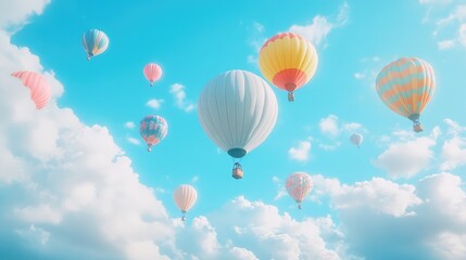 Obraz premium A whimsical hot air balloon festival with colorful balloons floating against a bright blue sky, surrounded by fluffy clouds.