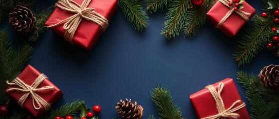 Horizontal banner web poster, header for website. Christmas New Year background with gift boxes. Festive Xmas composition with gifts