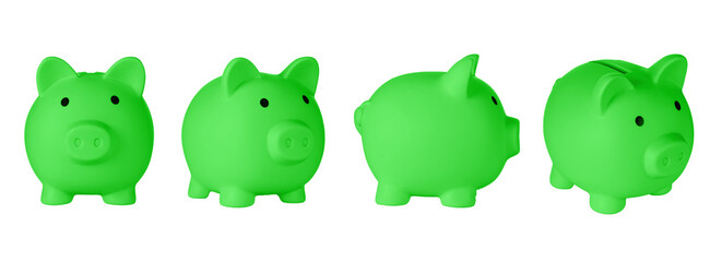 Set Piggy bank pig Green color on isolated white background close up