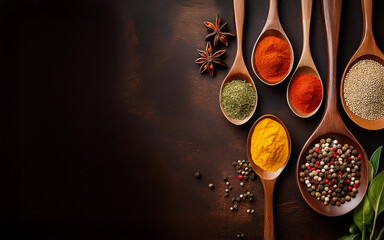 Colorful spices and legumes in wooden spoons on a wooden table. Healthy living and vegan diet.
