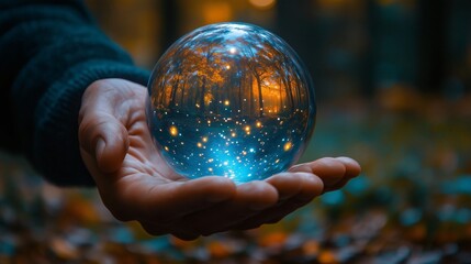 Fototapeta premium Magician holding crystal ball with autumn forest inside at sunset