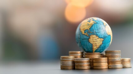 A globe sitting atop rows of coins against a twilight backdrop, symbolizing the role of finance in driving global economic dynamics