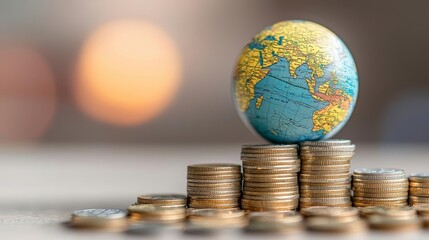 A globe sitting atop rows of coins against a twilight backdrop, symbolizing the role of finance in driving global economic dynamics