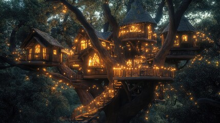 Fototapeta premium A whimsical treehouse village nestled high in the branches of giant trees, illuminated by fairy lights at dusk.