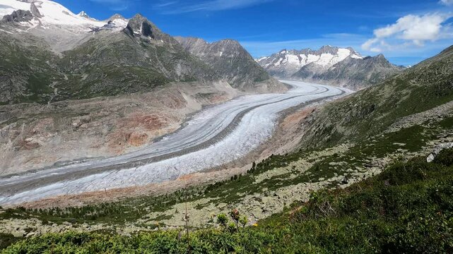 The large Aletsch Glacier in the Swiss Alps near Bettmeralp - static shot