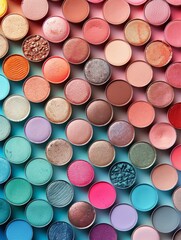 The background includes eyeshadow palettes on pastel background