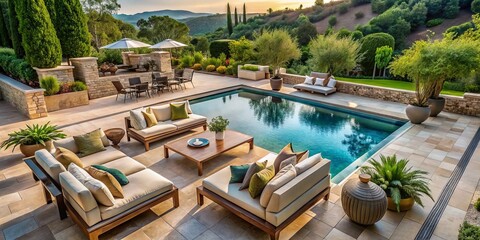 Fototapeta premium Breathtaking outdoor pool surrounded by sophisticated furniture, perfect for relaxation and leisure in an opulent