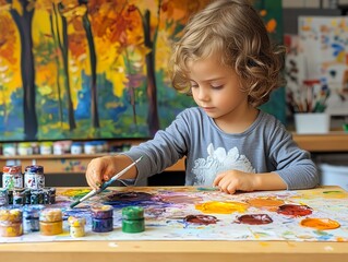 Fototapeta premium Young Child Concentrating on Painting with Bright Colors in a Creative Art Studio, Encouraging Imagination and Artistic Skills Development 