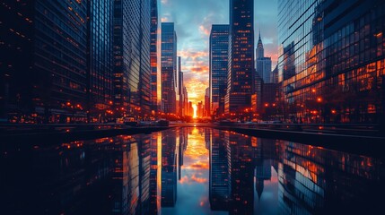 Modern city skyline reflecting in water at sunset